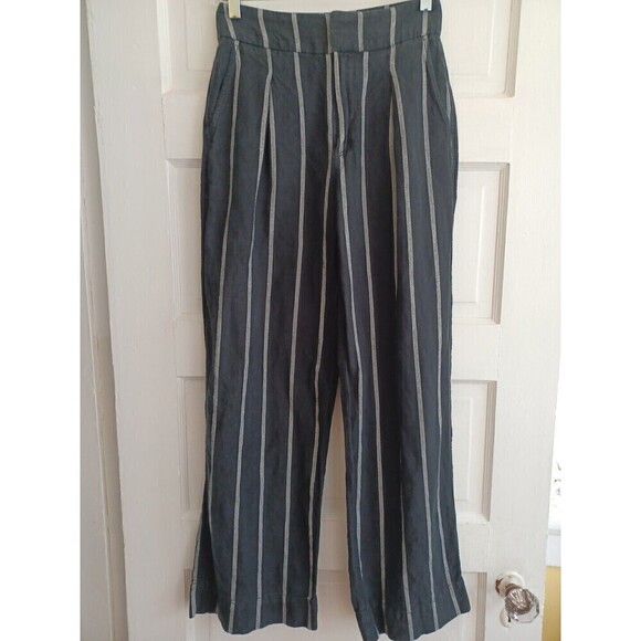 GAP women's wide leg linen blend pant 00 black white stripe coastal work/play - Picture 1 of 12